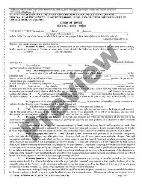 Colorado Deed Of Trust Due On Transfer Strict Deed Of Trust