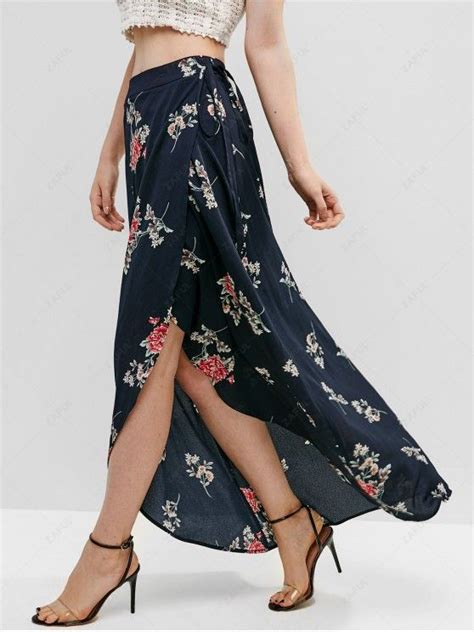 20 Off 2021 Zaful Floral Asymmetrical Wrap Maxi Skirt In Midnight