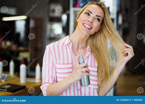 Woman Fixes Her Hair With A Hairspray Stock Image Image Of Adult Hairstyle
