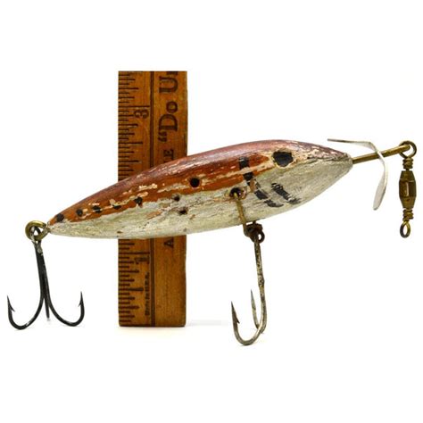 Antique Wooden Fishing Lure 4 Handhomemade Brown And Silver Minnow Pat