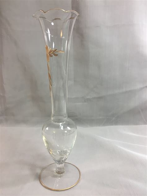 Vintage Clear Glass Bud Vase With Gold Flower And Leaves And Etsy