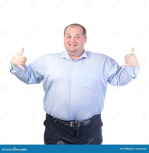 Homem Gordo Feliz Em Uma Camisa Azul Imagem De Stock Imagem De Careca