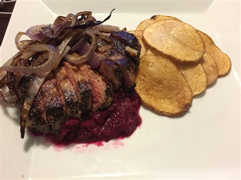 Maybe you would like to learn more about one of these? Peppered crusted rib eye with chips and a beet, dates, and ...