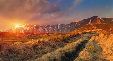 Spring Landscape In The Mountains Sunrise Stock Photo