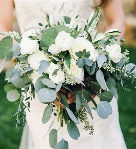 White Ranunculus Eucalyptus Bridal Bouquet In 2021 Eucalyptus Wedding
