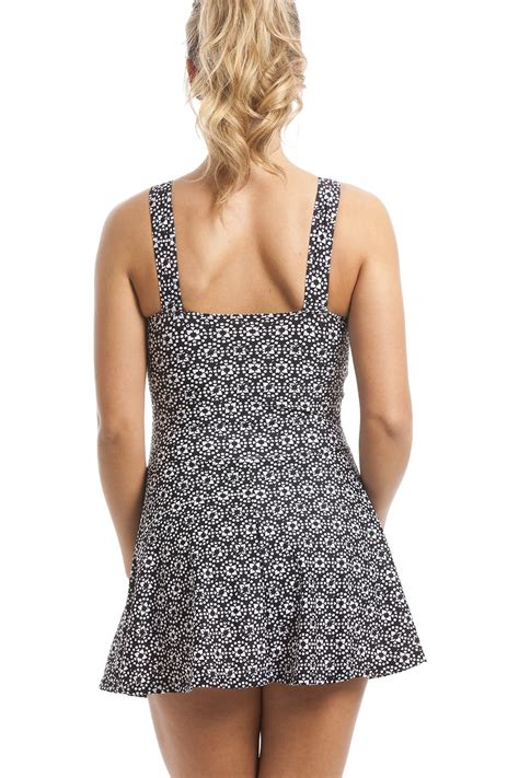 Black Skirted Swimsuit With White Geometric Design