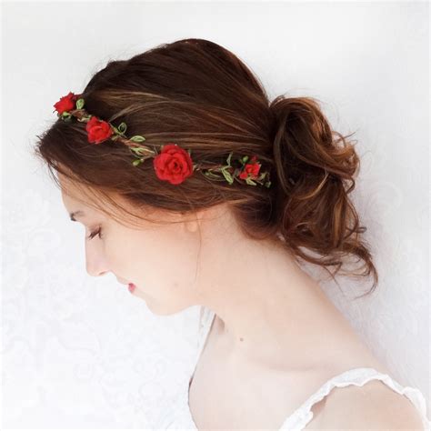 2 pcs artificial rose vine garland,realistic red color. red flower hair circlet red flower headband bridal hair