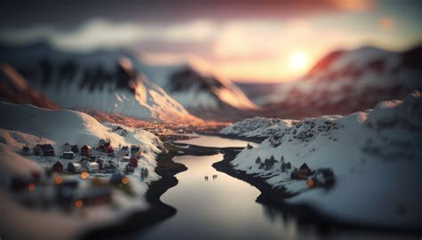 Wallpaper Ai Art Tilt Shift Town River Snow Golden Hour