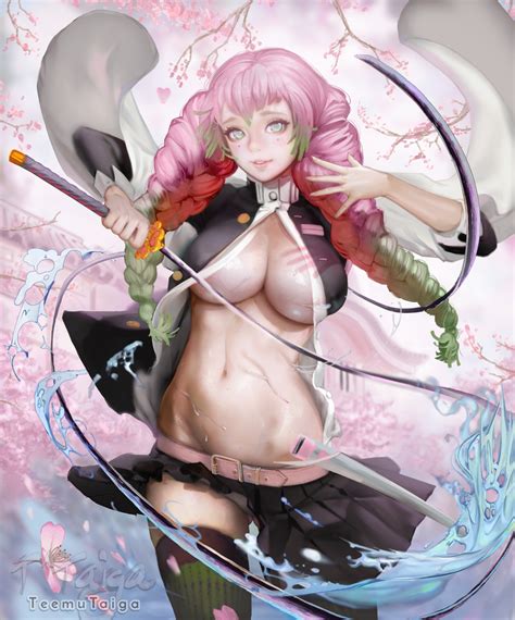 Rule 34 1girls Aqua Eyes Artist Name Belt Braids Breasts Cherry Blossoms Demon Slayer Female