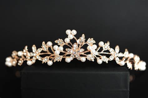 bridal tiara in rose gold with pearls flower pearl tiara for etsy