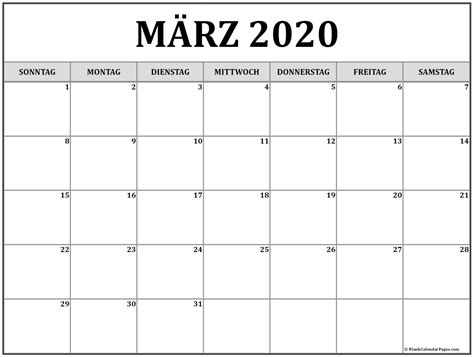 Monatskalender 2021 kostenlos zum ausdrucken. Kalender märz 2020 - Kostenlose druckbare Kalender zum ...