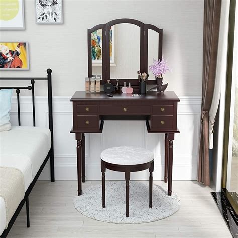 Mecor Vanity Table Set W Tri Folding Mirror Wood Makeup Table And Round Stool And 5 Drawers