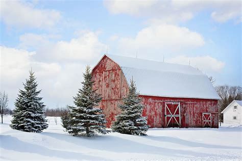 Hd Wallpaper Barn Red Winter Snow Pines Rural Farm Country