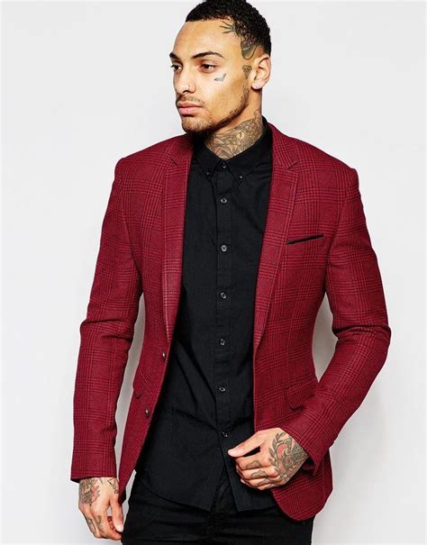 Asos Superskinny Blazer In Check In Red Red Blazer Outfit Men Mens Outfits Red Blazer Outfit