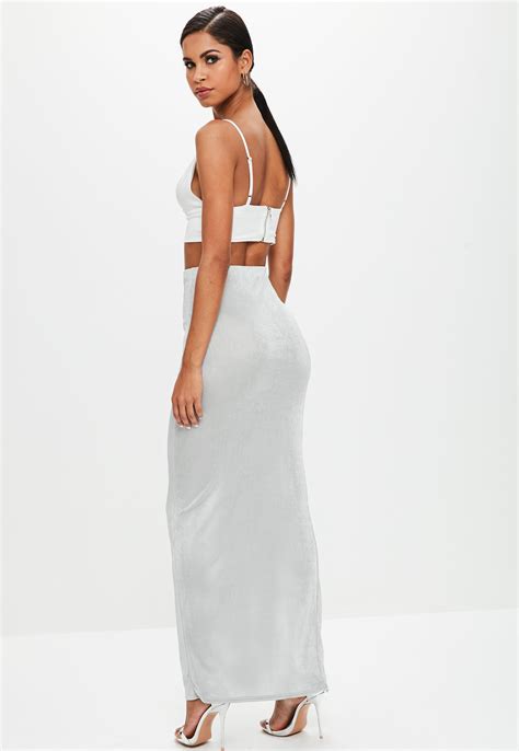 Missguided Synthetic Grey Slinky Split Maxi Skirt In Gray Lyst