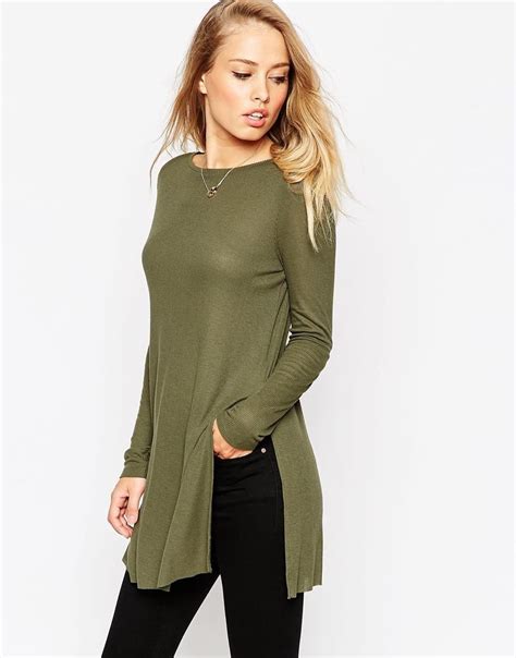 Asos Tunic Top With Side Split And Long Sleeves At Asos Army Green