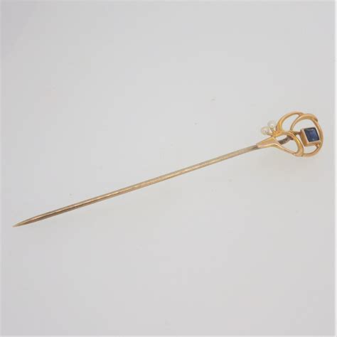 Vintage 10k Yellow Gold Sapphire And Seed Pearl Stick Pin