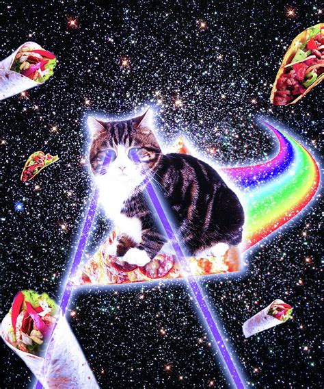 Laser Eyes Space Cat Riding Rainbow Pizza Digital Art By Random Galaxy