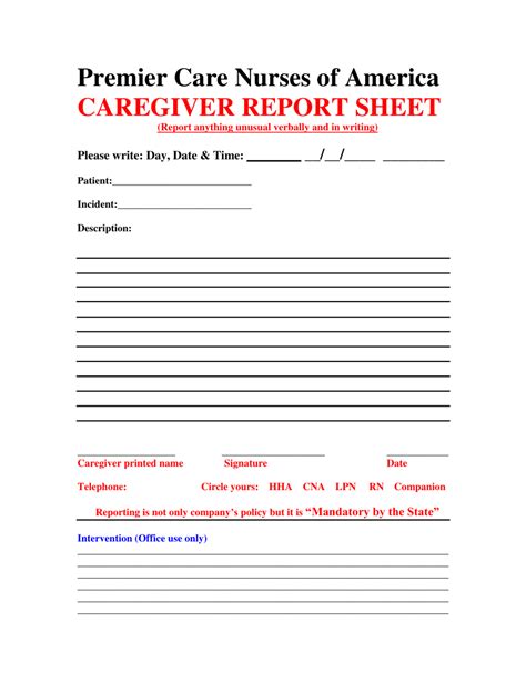 Caregiver Report Sheet Template Premier Care Nurses Of America Fill