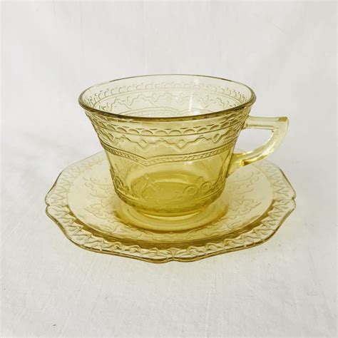 Depression Glass Yellow Madrid Pattern Tea Cup And Saucer Farmhouse
