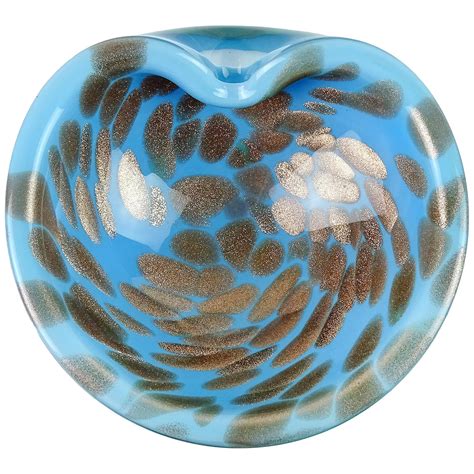 Murano Sky Blue Copper Aventurine Flecks Italian Art Glass Decorative Bowl Dish For Sale At 1stdibs