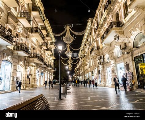Nizami Street In The Center Of Baku Azarbaijan Illuminated By Stock