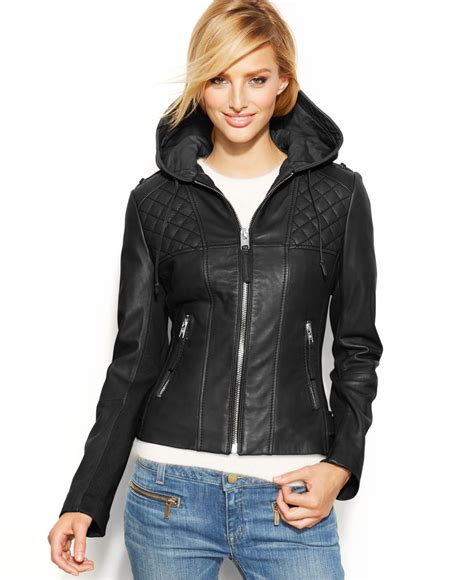 Michael Kors Michael Petite Knit Inset Hooded Leather Jacket In Black