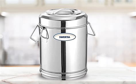 swertia stainless steel storage drum with laser etching aata rice container with handle pawali