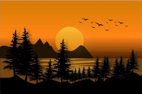 Premium Vector Mountain And Lake Sunset Landscape Illustration Wild