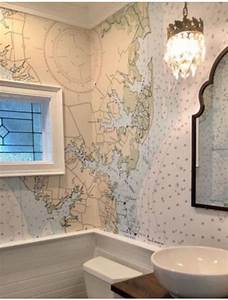 Nautical Chart Wallpaper With Wainscoting Tile Or Shiplap For Economy