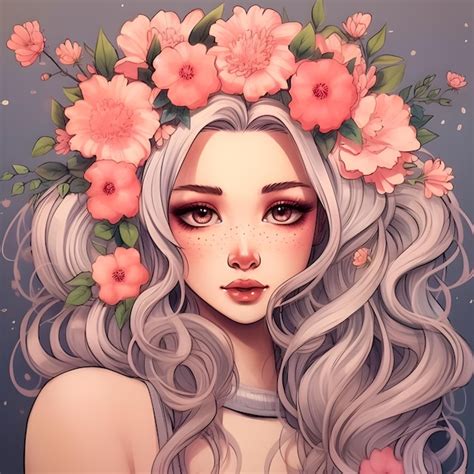 Premium Ai Image Head Of Flowers Flowers On Hair Anime Face Drawing Cute Cartoon Girl
