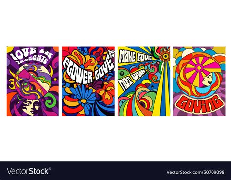 Set Four Bright Psychedelic Love Posters Vector Image