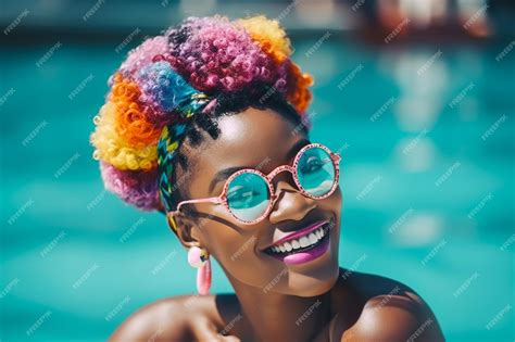 Premium Ai Image Portrait Of Smiling Black Woman With Trendy Sunglasses And Vivid Hair By The