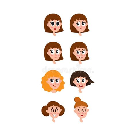 Set Collection Of Woman Girl Face Expressions Heads Avatars Stock
