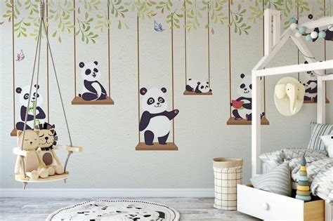 Cute Pandas Swinging Wallpaper Mural Kids Wall Murals Nursery Room