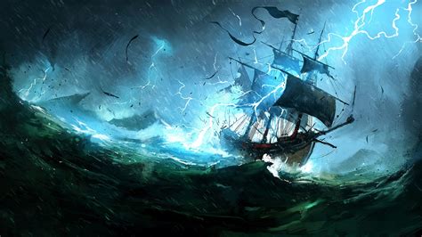 Download 1920x1080 Sailing Ship Storm Lightning Waves