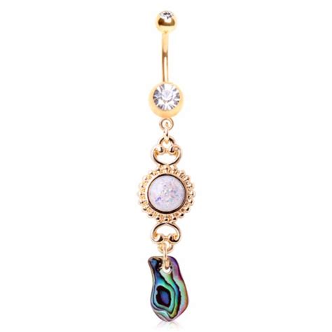Gold Plated Sunburst Navel Ring With Synthetic Opal And Abalone Belly