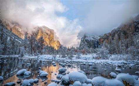 Hämta Bilder Yosemite National Park Vinter Dal Berg Dimma
