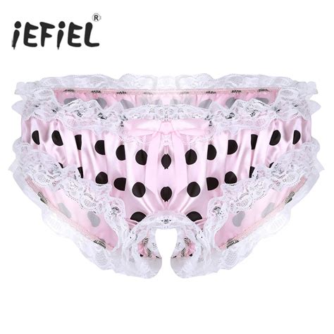 Iefiel Mens Lingerie Gay Panties Soft Shiny Satin Ruffled Lace Trim Polka Dots Sissy With