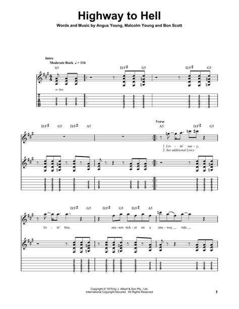 Highway To Hell Sheet Music Acdc Easy Guitar Tab