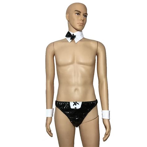 Sexy Mens Fantasy Pvc Vinyl Wet Look Waiter Bow Tie Tuxedo Underwear Wrist Bands Lingerie Set