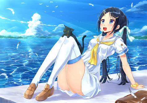 Papel De Parede Ilustração Gato Cabelo Longo Anime Meninas Anime Agua Céu Pernas