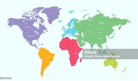 Vetores De Mapa Mundial Dividido Em Seis Continentes Com Nomes De