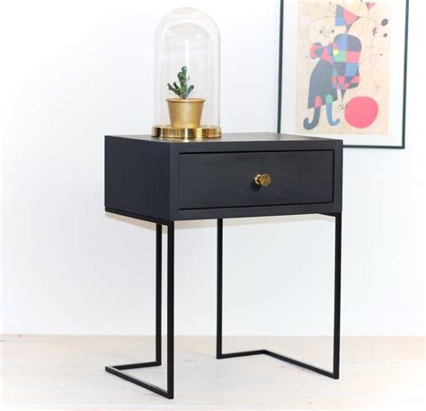 Black Bedside Table Mid Century Industrial Style Solid Oak Wood And
