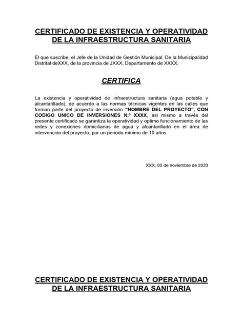 Certificado De Existencia Y Operatividad De La Infraestructura