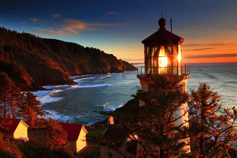 Oregon Coast Sea Lighthouse Sunset Landscape Ocean Sunrise Autumn Cool Hd Desktop Wallpaper