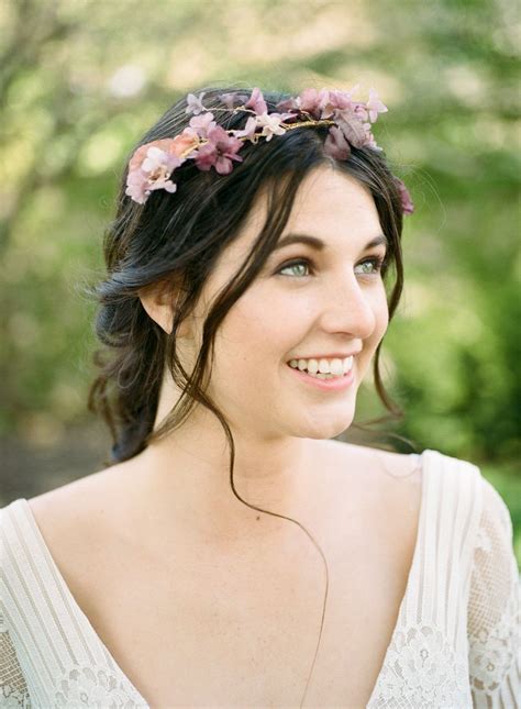 Bride In Claire Pettibone Wedding Gown And Erin Ryhne Pink Floral Crown