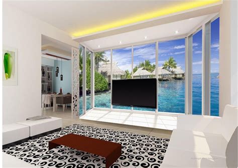 Laden sie den sommer ins zimmer ein! 3d stereoskopische tapete Fenster meer hütten landschaft ...