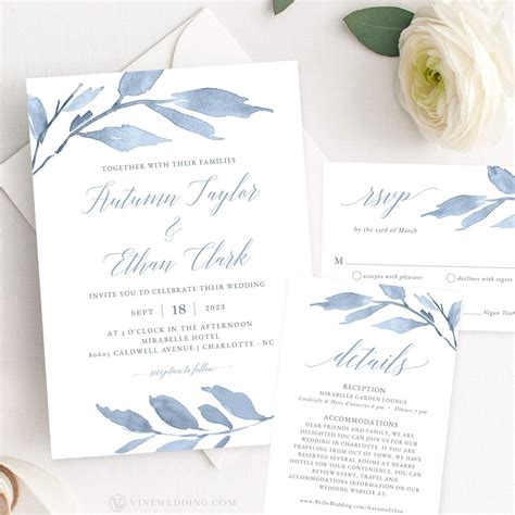 Dusty Blue Leaves Wedding Invitation Set Printable Wedding Etsy