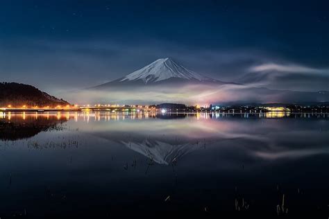 Hd Wallpaper Volcanoes Mount Fuji Fog Japan Lake Light Night